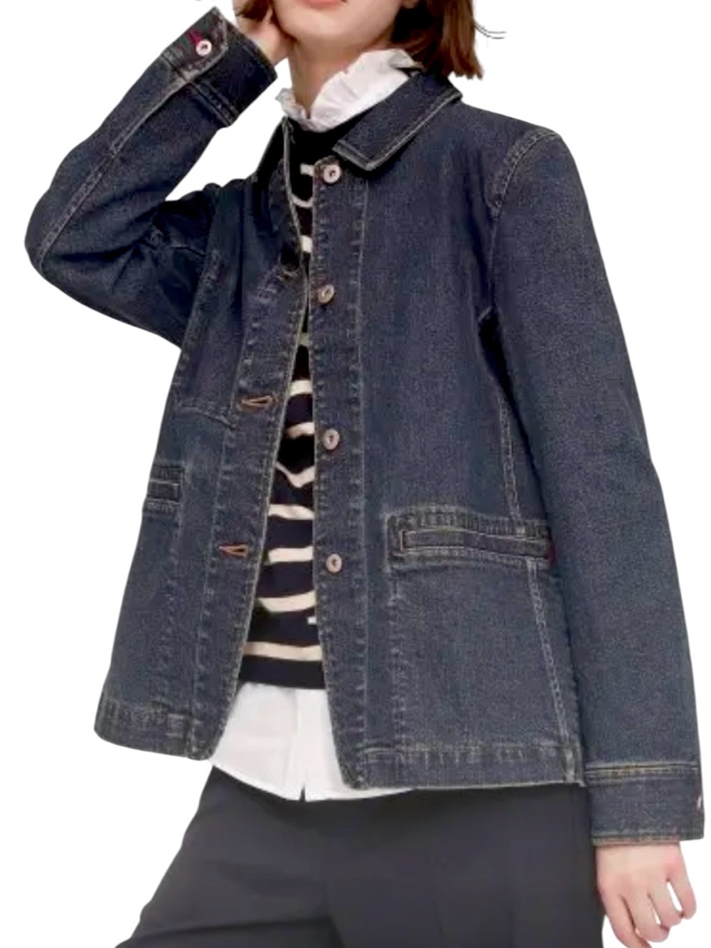 UNIQLO Ines de la Fressange Denim Chore Jacket Coverall Women Size L Dark Wash - Picture 2 of 12